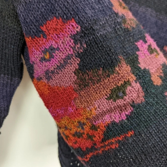 PERUVIAN CONNECTION sz.S 100% Alpaca Floral Chunky Knit Scalloped V Neck Sweater - Picture 5 of 10